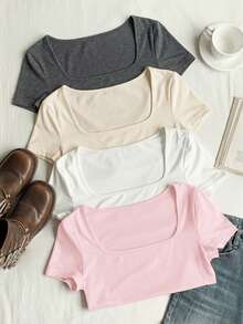 Comfortcana 4pcs/Set Plus Size Summer Square Neck Fitted T-Shirts Summer Tops Women Square Neck Tops Simple Tops - Multicolor - View 4