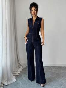 Elenzga Women Denim Overalls & Jumpsuits - Dark Wash - View 4