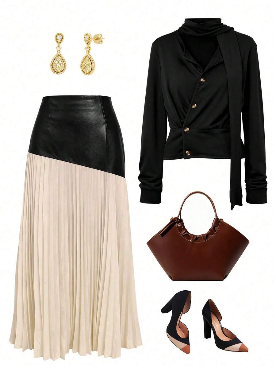 Qadelle Women's Solid Color Top & Pleated Long Skirt 2 Pieces Set - Black - View 1