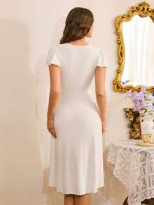 Elegant Romantic Minimalist French Style Knitted Ribbed Lace Patchwork V-Neck Cap Sleeve Long A-Line Women Nightgown - White - View 2