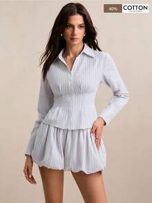 Poéselle 两件套休闲通勤条纹衬衫和荷叶边短裤套装 - 灰色 - 查看 5