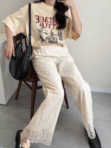 FRIFUL 女士纯色米色薄纱蕾丝面料直筒宽松休闲裤 - 米色 - 查看 2