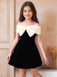 SHEIN Young Girls Off Shoulder Bow Decor Colorblock Elegant Dress - Black - View 2