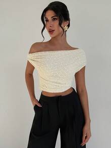 Firerie Top elegante de manga corta con cuello asimétrico y fruncido de unicolor para mujer - Albaricoque - Ver 7