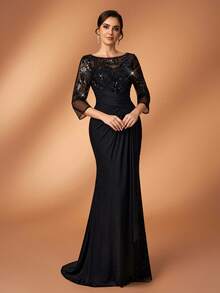 Serin 优雅奢华的珍珠亮片刺绣蕾丝贴花薄纱袖针织网纱荷叶边鱼尾连衣裙，适合婚礼、派对、节日、新娘、新娘母亲、晚礼服等场合。 - 黑色 - 查看 5