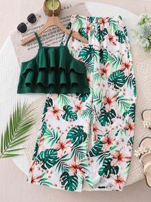 SHEIN Explorewe Bộ đồ đi nghỉ mát cho bé gái, áo hai dây xếp tầng kết hợp quần ống rộng in hoa, thanh lịch, phù hợp cho đi chơi hàng ngày, đi biển và chụp ảnh. - màu xanh lá - Xem 4