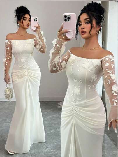 Elenzga Vestido de fiesta de sirena con decoración floral fruncida y hombros descubiertos para mujer de talla grande