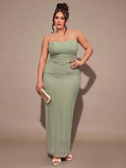 SHEIN BAE 纯色性感浪漫鸡尾酒会礼服，带荷叶边，无肩带