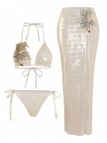 Swim Oasis 3 Stück/Set Sommer Neu Hochwertig Glänzender Stoff Pailletten Stickerei Blumen Dreieck Bikini Push-Up Badeanzug Einteiler für Frauen - Aprikosenfarben - Übersicht 1