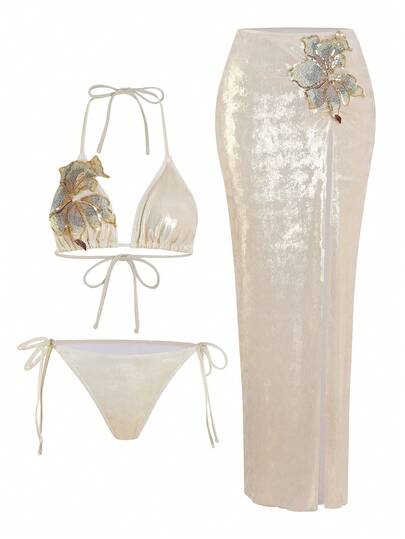 Swim Oasis 3pcs/Set Summer New High-End Shiny Fabric Sequin Embroidery Floral Triangle Bikini Push-Up Swimwear One-Piece Swimwear For Women