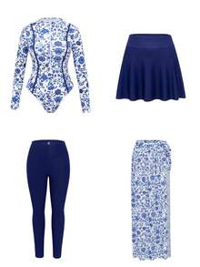 Swim Mulvari Women's 4-Piece Set: Blue Floral Print One-Piece Dress With Sheer Skirt, Long Sleeve Bodysuit, And Fitted Pants, Modest Yet Fashionable Vacation Swimsuit, Spring/Summer - Blue - View 9