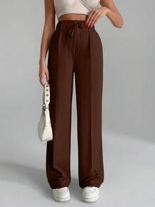 EURMUSE Women Solid Color Wide Leg Tie Front Detailed Pants - Mocha Brown - View 5