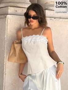 Siren Gaze 2025年春夏新款女士蕾丝边吊带背心，独特简约露脐抹胸上衣 - 杏色 - 查看 5