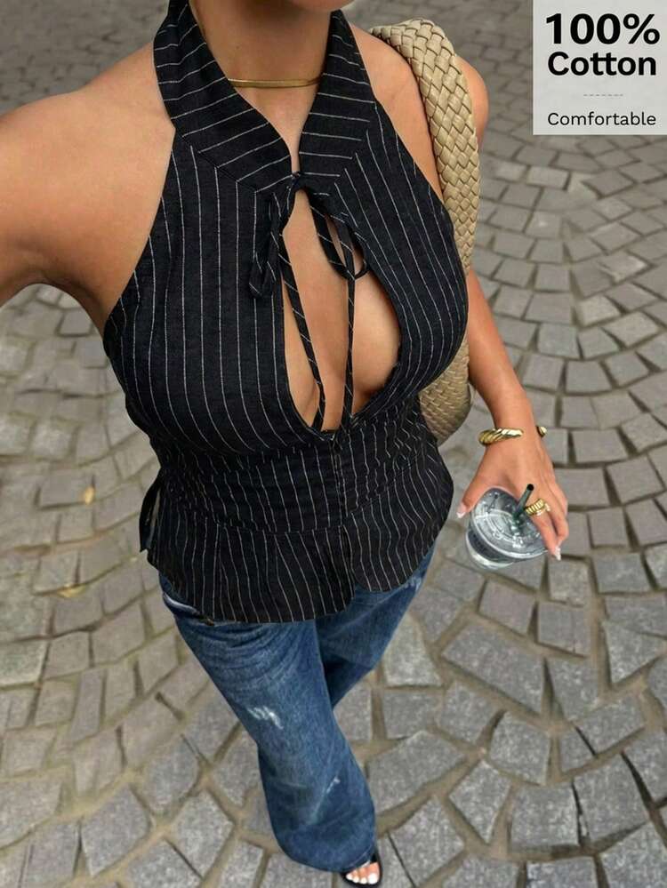 Siren Gaze Women's Bow Tie Hollow Out Halter Neck Fitted Crop Top, Slit Front Sleeveless Blouse - Black - View 4