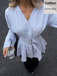Siren Gaze Women's Striped Waist Cinching Double-Breasted Double Belt Long Sleeve Shirt, Commute & Vacation, Soft & Skin-Friendly Blue & White Striped Long Sleeve Shirt, Streetwear, Casual, Slim Fit Shirt,Cotton Shirt Winter Spring Holiday Resort - Blue and White - View 1