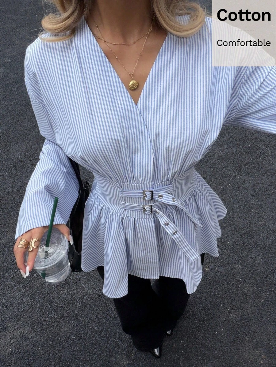 Siren Gaze Women's Striped Waist Cinching Double-Breasted Double Belt Long Sleeve Shirt, Commute & Vacation, Soft & Skin-Friendly Blue & White Striped Long Sleeve Shirt, Streetwear, Casual, Slim Fit Shirt,Cotton Shirt Winter Spring Holiday Resort - Blue and White - View 1