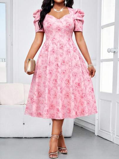SHEIN Lady Plus Size Elegant Floral Print Dress, Summer Graduation Ceremony Graduation Dress Spring Casual Dresses For Women Graduation Dress Women  Valentine Summer Summer Clothes Summer Clothes  Spring Dress Summer Dresses  Elegant Dresses Elegant Dresses For Women Pink  Pink Dress