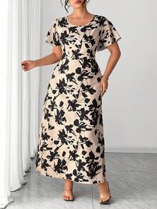 Elenzga Plus Size Women's Elegant Floral Print V-Neck Long Sleeve Waist Cinched A-Line Dress, Early Spring - Apricot - View 6