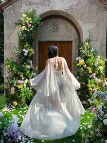 Lyrianda 法式复古柔软雪纺薄纱小众优雅新娘婚纱，露肩、V领、挂脖、无袖披肩，搭配同色蕾丝拼接优雅婚纱，白色 - 白色 - 查看 2