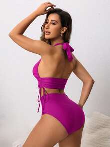 Swim Lushoire Women's Sexy Beach Vacation Style Solid Color Adjustable Drawstring Bikini Set, Summer - Violet Purple - View 2