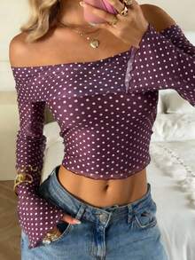 SHEIN EZwear Áo kiểu nữ màu đỏ rượu vang chấm bi, tay loe, trễ vai. - Màu Đỏ Sâu - Xem 6