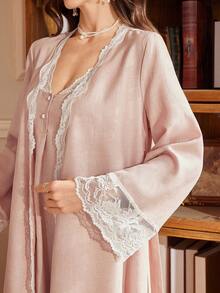 PalaceNights 一套女士时尚提花蕾丝边长袖长袍+无袖睡裙睡衣套装 - 粉色 - 查看 4