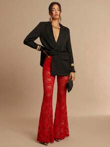 Silquee Pantalones acampanados de encaje transparente y sexy para mujer, adecuados para festivales de música, fiestas en la playa, carnavales y vacaciones, San Valentín, Navidad, citas, salidas, fiestas en discotecas y reuniones - Rojo - Ver 5