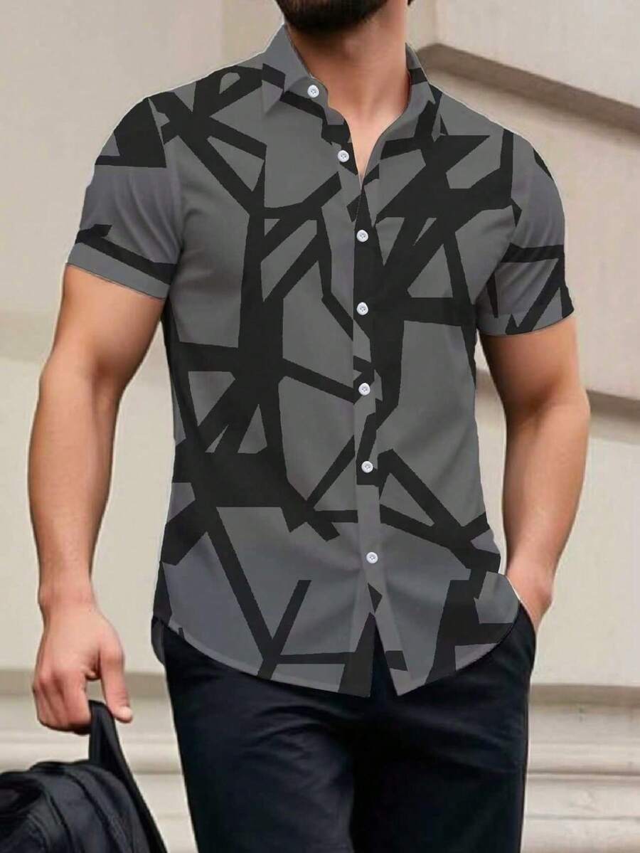 Manfinity Homme Men's Geometric Print Single-Breasted Casual Short Sleeve Shirt - Dark Grey - View 1