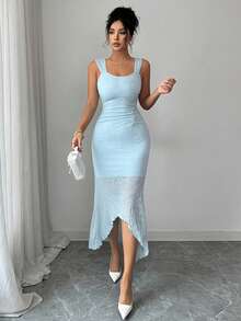 Modelyn Women's Elegant Jacquard Knit Mid-Length Dress, Suitable For Spring/Summer Party And Gathering - Blue - View 8