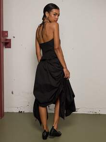 COUREZ 褶皱吊带背心和中长裙套装 / Y2K 春季女装 可爱性感外出装 派对装 两件套 夏季装 - 黑色 - 查看 3