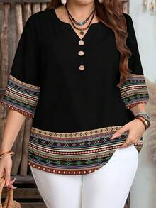 EMERY ROSE Camisa holgada de talla grande con estampado geométrico de estilo bohemio, adecuada para primavera y otoño - Multicolor - Ver 1