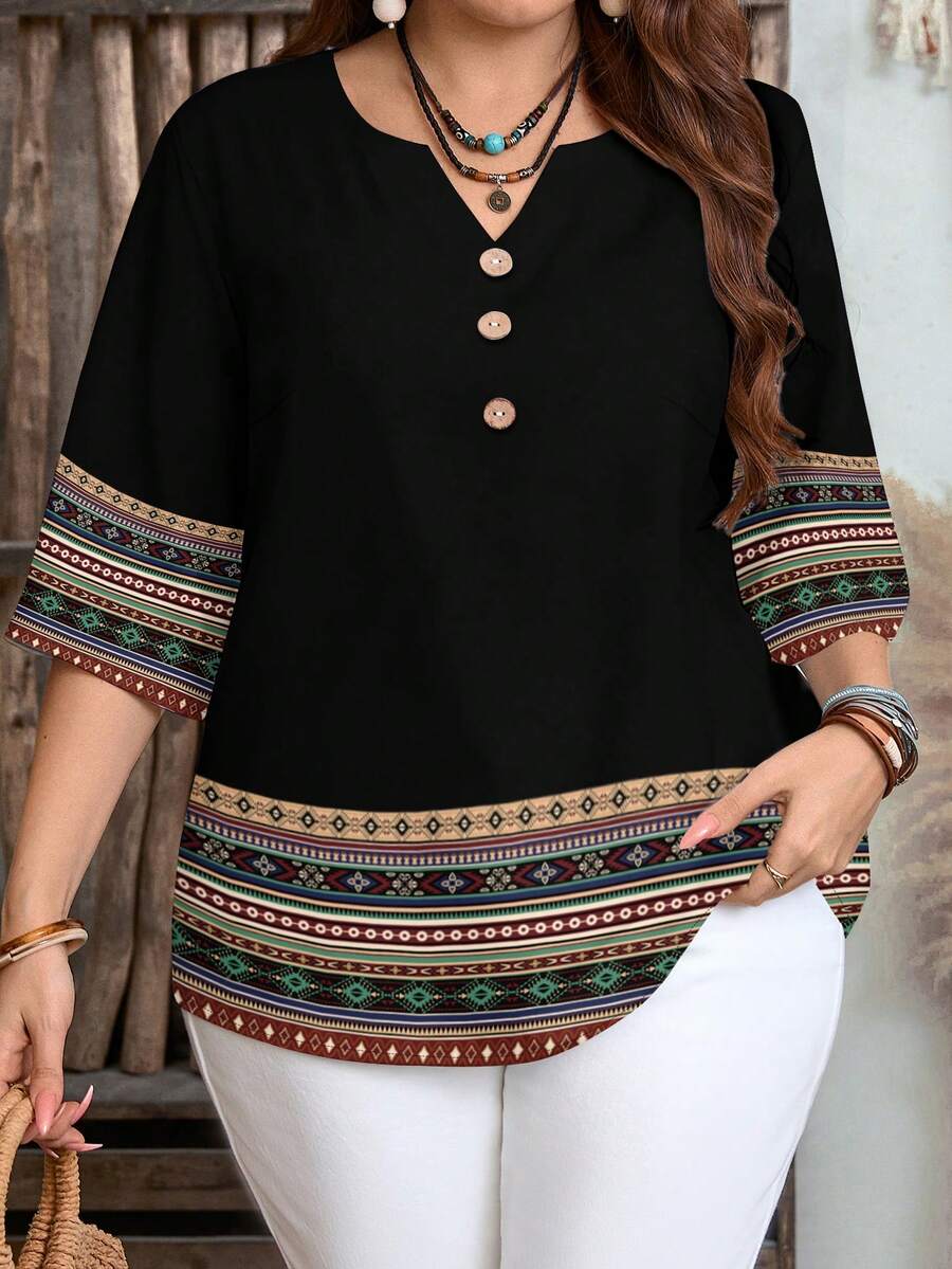 EMERY ROSE Camisa holgada de talla grande con estampado geométrico de estilo bohemio, adecuada para primavera y otoño - Multicolor - Ver 1