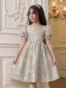 SHEIN 少女优雅方领泡泡袖提花A字连衣裙，腰果佩斯利花纹，适合春夏家庭度假、节日派对等场合 - 藍色 - 查看 3