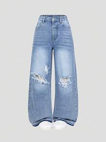Tween Girls Light Blue Ripped Baggy Jeans,Y2K Grunge Style Loose Straight Leg Distressed Denim,Summer Back-To-School Fashion Casual Jeans For School - Medium Wash - View 4