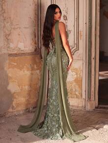 Glamrae 优雅奢华的绿色3D立体花朵串珠弹力针织美人鱼裙，性感无肩带设计，适合婚礼、派对、度假、盛大晚宴等场合（装饰繁复） - 橄欖綠 - 查看 2