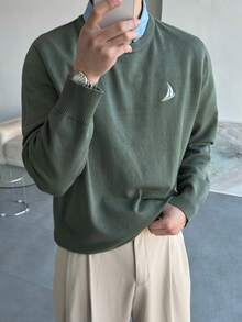 DAZY 男士修身通勤毛衣，绣花图案，春秋季 - 軍綠色 - 查看 3