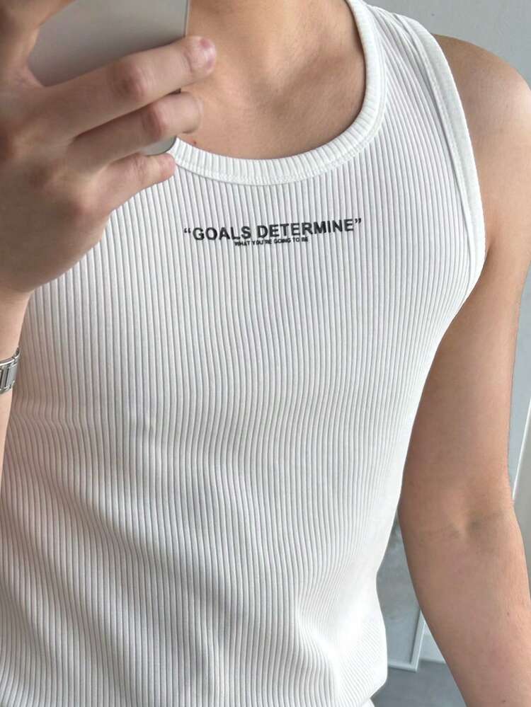Summer White Slim Fit Letter Print Streetwear Men Tank Top