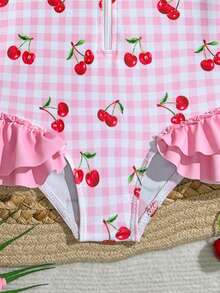 Sparklyn Traje de baño de 2 piezas con gorro para bebé niña, con manga larga, volantes y estampado de cerezas en contraste de color rosa - Rosa - Ver 6