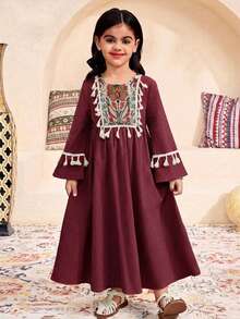 SHEIN Đầm dài tay cổ vuông, tua rua, họa tiết hoa phối hợp, phong cách thường ngày cho bé gái đi nghỉ mát. - Màu Đỏ Sâu - Xem 7
