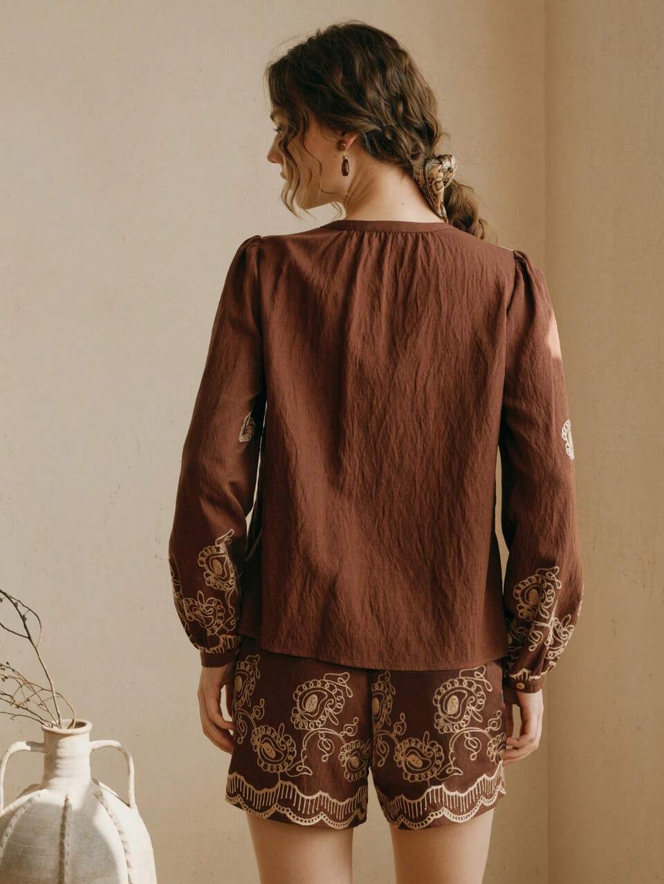 Anewsta Vintage Embroidered Blouse With Intricate Cashew Flower Embroidery, Boho Chic Palace Style Brown Shorts Women