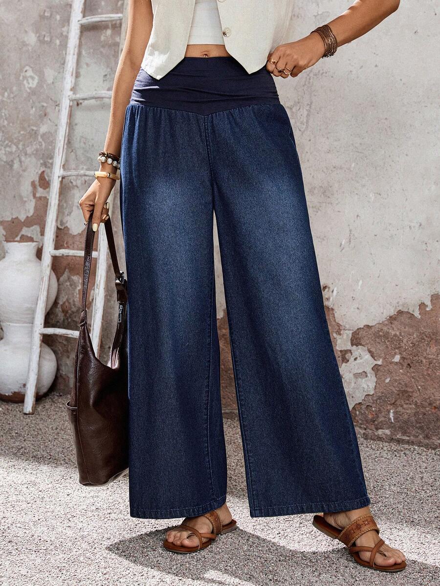 EMERY ROSE Mature Denim Jeans casuales y versátiles de pierna ancha y holgada con pliegues en la cintura para mujer