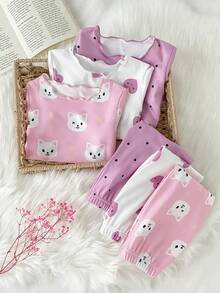 6pcs Baby Girls Cute Kitty, Heart & Polka Dot Print Ruffled Short Sleeve Top And Pants Pajama Set - Multicolor - View 6