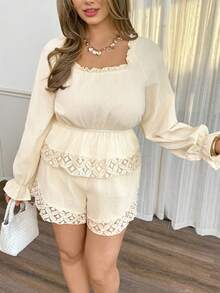 Lounesse Plus Size Women Elegant White Lace Patchwork Long Sleeve Top & Shorts 2 Pieces Set,Casual Commuter Autumn Vacation Holiday Cream Outfit Spring Outfit - Apricot - View 7