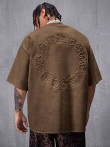 AXEPEAK 男士街头风透气绒面植绒宽松落肩圆领短袖T恤 - 咖啡棕 - 查看 1