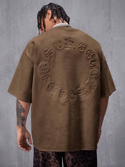 AXEPEAK 男士街头风透气绒面植绒宽松落肩圆领短袖T恤