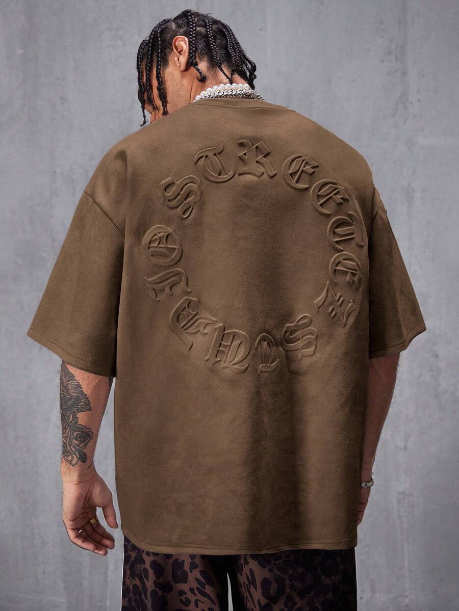 AXEPEAK 男士街头风透气绒面植绒宽松落肩圆领短袖T恤 - 咖啡棕 - 查看 1