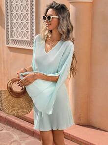 Selianne Women's Elegant Pleated V-Neck Cinched Waist Waist Split Hem Short Dress, Spring/Summer - Blue - View 5