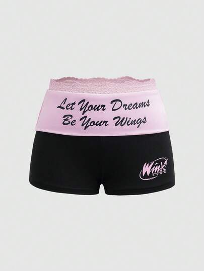 The Winx X SHEIN Women's Fashion Street Slogan Print Contrast Color Contrast Lace Shorts, Summer