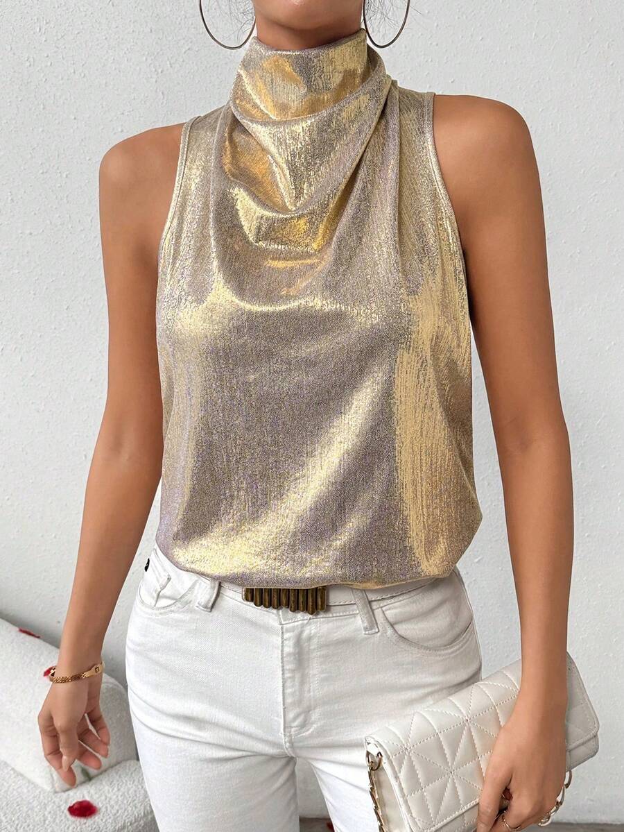 SHEIN LUNE Blusa sin mangas de cuello alto metálica para mujer - Dorado - Ver 1