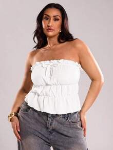 SHEIN BAE 大码女装高街黑色弹力抹胸上衣，露脐上衣，度假装，母亲节，母亲节礼物，妈妈，复活节大码女装，假日之夜，夏季外套，优雅，演唱会女装，夏季女装，夏季，性感，生日女装，婚礼，毕业典礼，夜店女装性感上衣 - 白色 - 查看 6